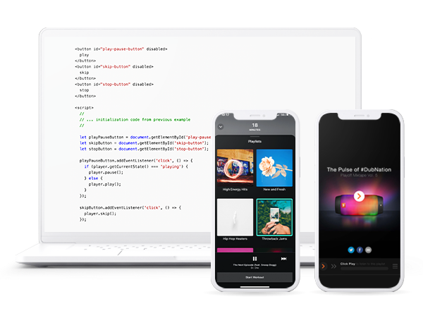 music api for businesses feed.fm code on laptop and mobile app music player examples